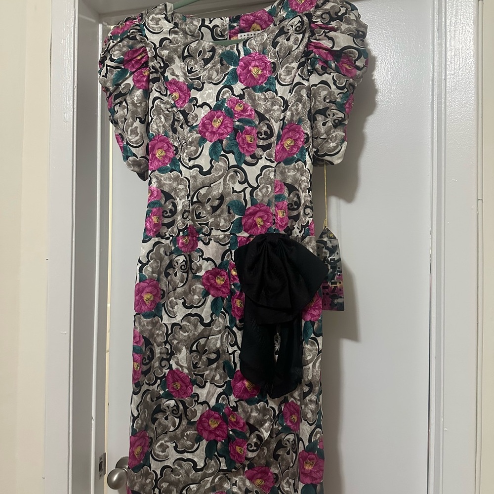 Floral Puff Sleeve Dress with Bow Accent